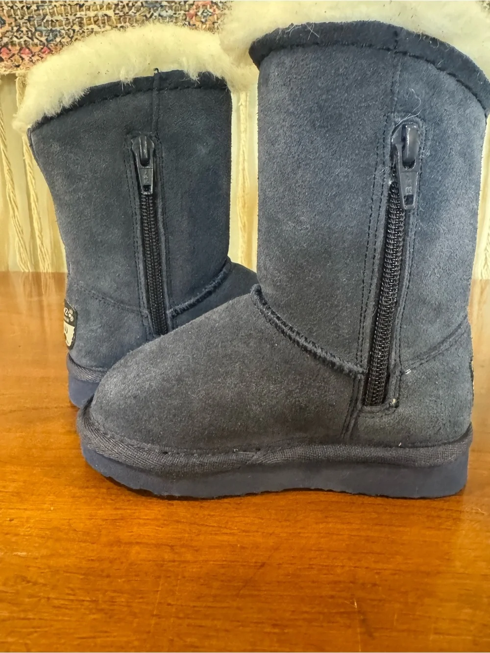 BearPaw Navy Kids Faux-Shearling Boot with White Trim